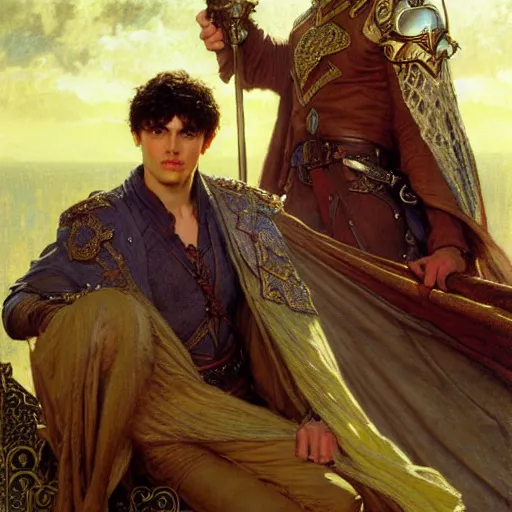 Prompt: arthur pendragon and merlin. focus on their faces. highly detailed painting by gaston bussiere, craig mullins, j. c. leyendecker, alphonse mucha, greg rutkowski, 8 k