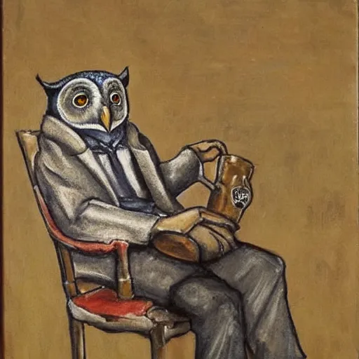 Prompt: portrait of an owl man sitting on a couch smoking a pipe, realistic masterpiece