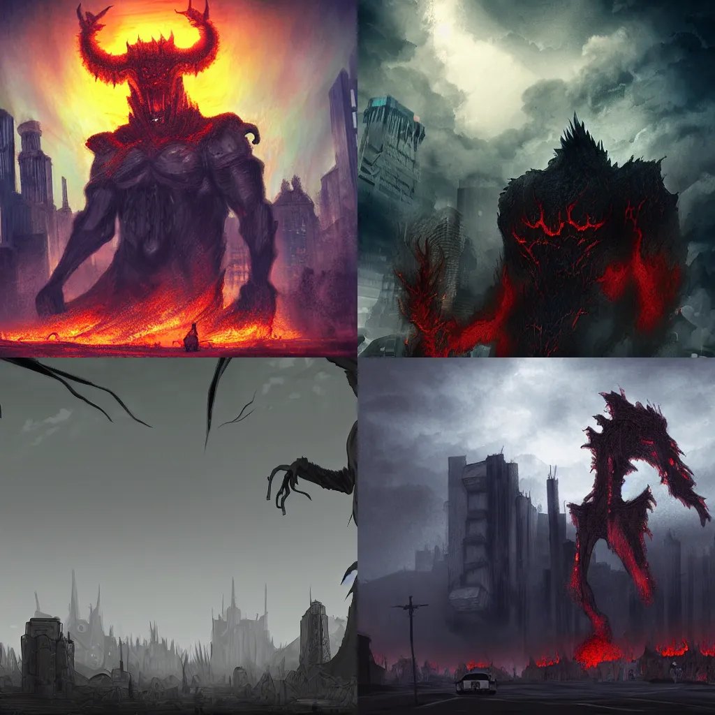 Prompt: Giant demon titan roaming over a dark burnt city, digital art