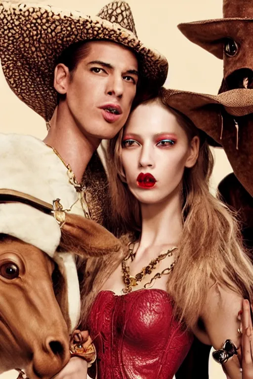Image similar to dolce & gabbana campaign featuring jar jar binks as a female cowgirl, long eyeslashes, huge juicy lips, big seductive eyes, shot by mario testino, realistic vfx simulation