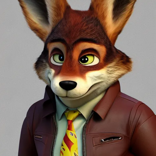 Image similar to portrait, 3 d render, anthropomorphic coyote male, wearing along brown leather jacket, in the style of zootopia