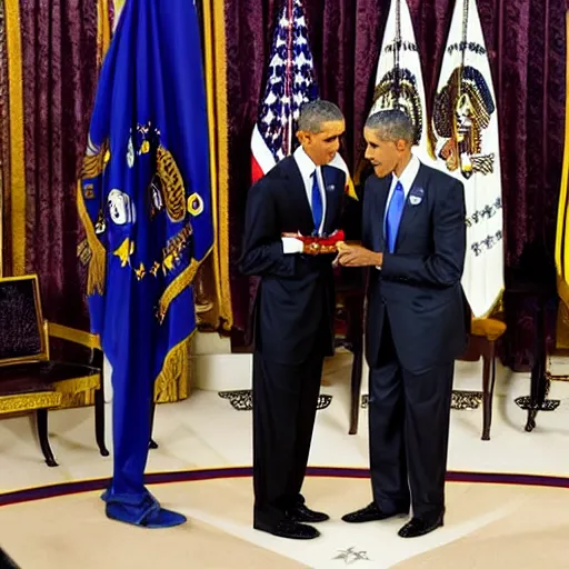 Prompt: president obama awarding president obama a medal on a necklace