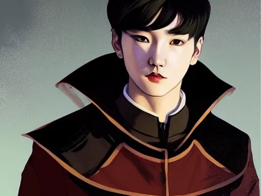 Image similar to portrait MIN YOONGI is ZUKO, night time, dynamic lighting , looking at his FIRE SCAR reflection, +++ super super super dynamic posing, j.c. leyendecker, abyxrt_, thick eyebrows, super serious facial expression