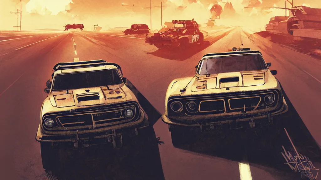 Image similar to digital illustration of mad max's fj 4 0 pursuit special, the last v 8 interceptor driving down a deserted cyberpunk highway in the middle of the day by studio ghibli, anime style year 2 0 9 3, by makoto shinkai, ilya kuvshinov, lois van baarle, rossdraws, basquiat