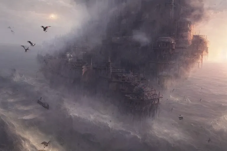 Image similar to people FLYING ON BIRDS, over the ocean, towards a GIGANTIC wall, protecting the city from black mist, cinematic, greg rutkowski, detailed, intricate