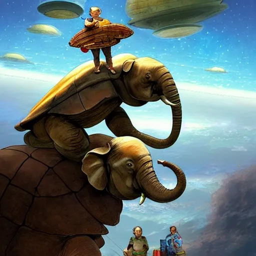 Image similar to a flat world on the back of four elephants, who are standing on the back of a giant turtle floating through space by Marc Simonetti