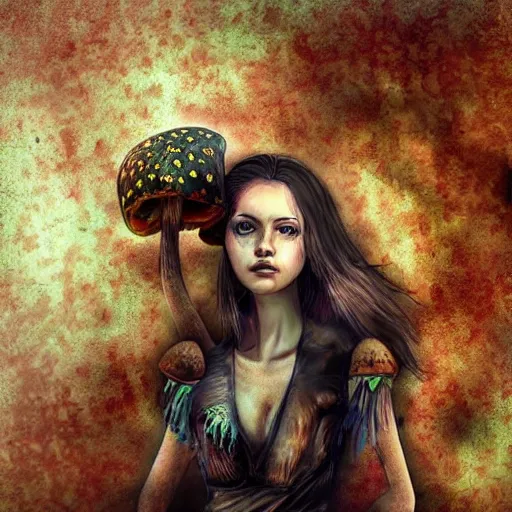 Prompt: detailed half body digital art for a game of a beautiful woman wearing ragged and ruined clothes merged with mushrooms. the background is dark. dramatic camera angle