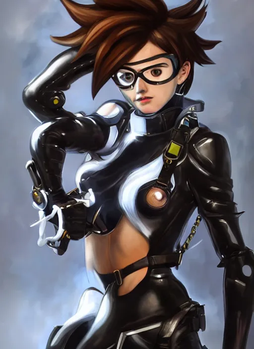 Image similar to full body artwork of tracer overwatch, wearing black latex outfit, in style of mark arian, angel wings, dramatic painting, wearing detailed leather collar, black shiny armor, chains, black harness, detailed face and eyes,