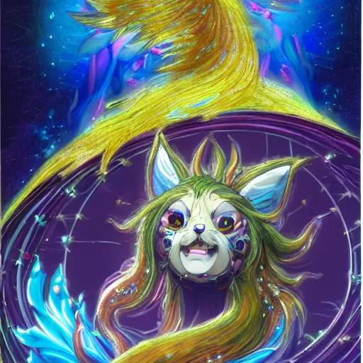 Prompt: portrait from an anime of an humanoid ethereal colorful blue starry spirit fox peacock character with giant golden demonic fangs, wearing star filled mage robes, sitting in an illuminated observatory at night, art by yuji ikehata, background art by miyazaki and art direction from the last unicorn film, realism, detailed, proper human proportions, fully clothed