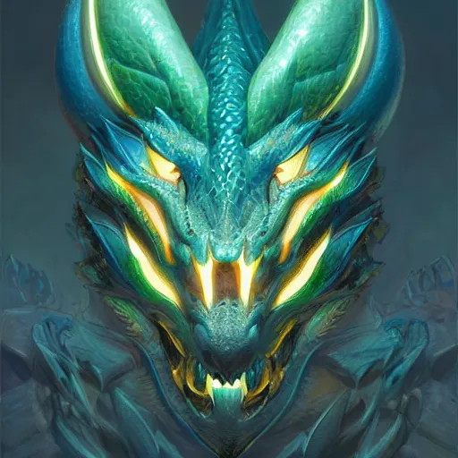 Prompt: symmetrical dragon head with scales, blue and green, highly detailed, digital painting, artstation, concept art, sharp focus, cinematic lighting, illustration, art by artgerm and greg rutkowski