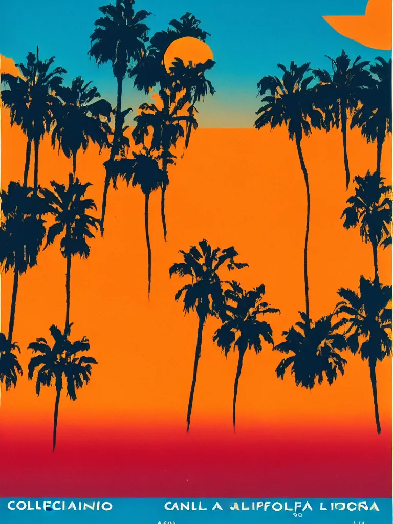 Prompt: A 1970s Poster for California featuring a Gradient Sunset, graphic design