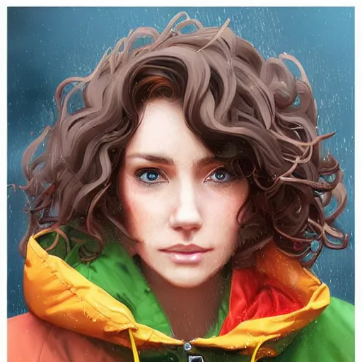 Prompt: a forty year old woman with short wavy curly light brown hair and blue eyes wearing a colorful raincoat in the rain. by artgerm and greg rutkowski and ilya kuvshinov