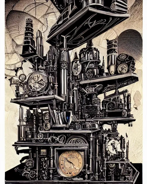 Image similar to a majestic steampunk alchemists bookshelf, two point perspective, furniture, high details, bold line art, by vincent di fate and joe fenton, inking, etching, screen print, masterpiece, trending on artstation, sharp, high contrast, hyper - detailed,, hd, 4 k, 8 k