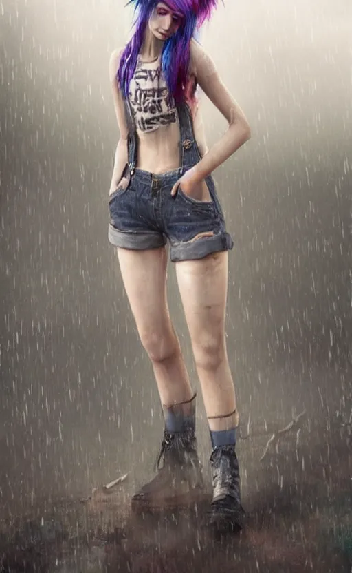 Prompt: a grungy woman with rainbow hair, soft eyes and narrow chin, anorexic figure, long hair straight down, torn overalls, short shorts, fishnet stockings, combat boots, basic white background, side boob, in the rain, wet shirt, style by Jordan Grimmer and greg rutkowski, crisp lines and color,