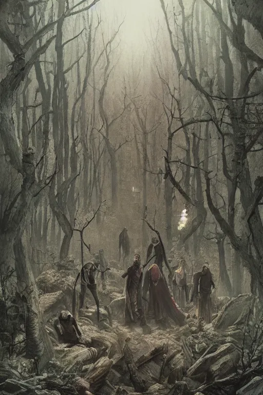 Prompt: A gang of frankensteins in the forest, horror, illustrated by Greg Rutkowski and Caspar David Friedrich., Trending on artstation, artstationHD, artstationHQ, 4k, 8k