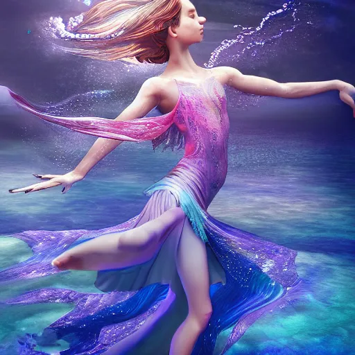 Prompt: a beautiful hyperdetailed rendering of a beautiful underwater ballerina lyrical dancer with flowy dress like a beta fish fins, weightless, flowy, deep color, fine bubbles, cryengine, 8 k, extreme detail, realism, realistic, surrealist