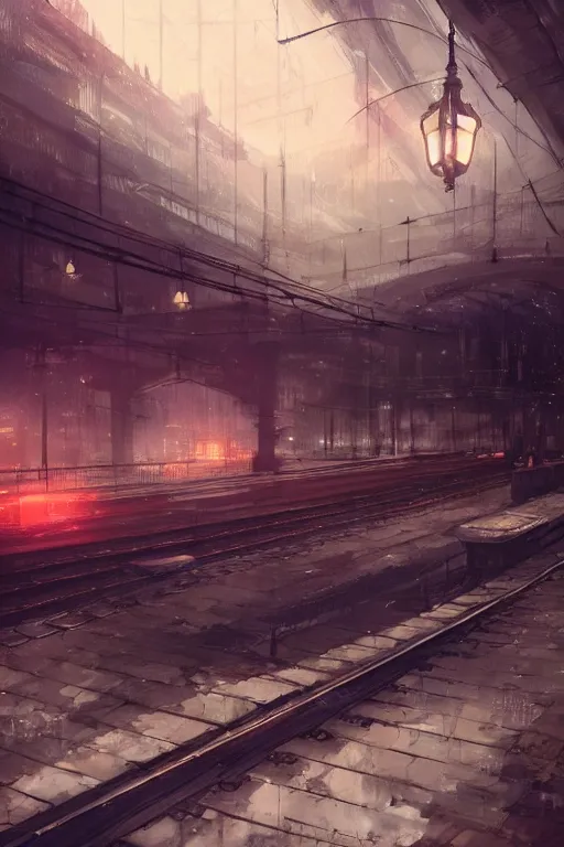 Prompt: The Train Station, cinematic lighting, dramatic atmosphere, by Dustin Nguyen, Akihiko Yoshida, Greg Tocchini, Greg Rutkowski, Cliff Chiang, 4k resolution, trending on artstation