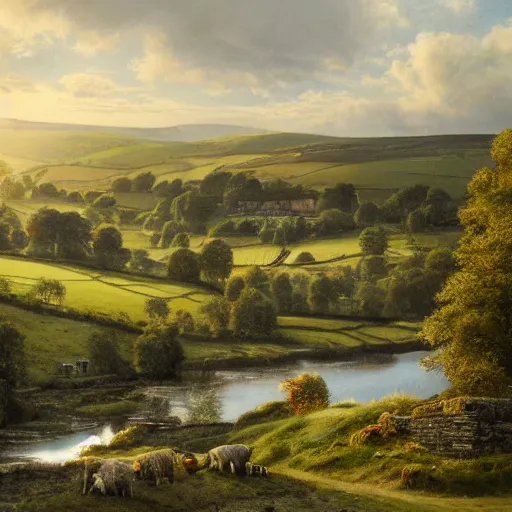 Prompt: wonderful landscape of an english town set in the yorkshire dales, high detail, 4K, UHD, High quality, morning light, Realistic, Trending on Artstation HQ, -n 6, -i, -s 33, -W 768