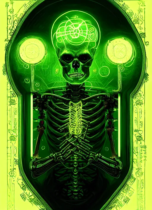 Image similar to portrait of a cyber skeleton, writing ancient runes with glowing green ink in a grand tome, intricate, elegant, glowing lights, highly detailed, digital painting, artstation, concept art, smooth, sharp focus, illustration, art by wlop, mars ravelo and greg rutkowski