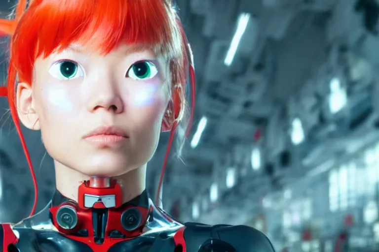 Prompt: cyborg asuka langley in soviet union with clearly visible neuralink wires sprouting out of her head 8k hd