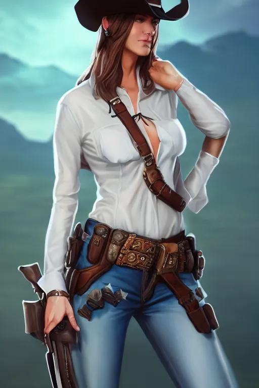 Image similar to full body, female cowgirl, perfect face, white blouse, empty gun holster, 8 k, magic the gathering, desert, d & d, artstation, high detail, smooth, muscular