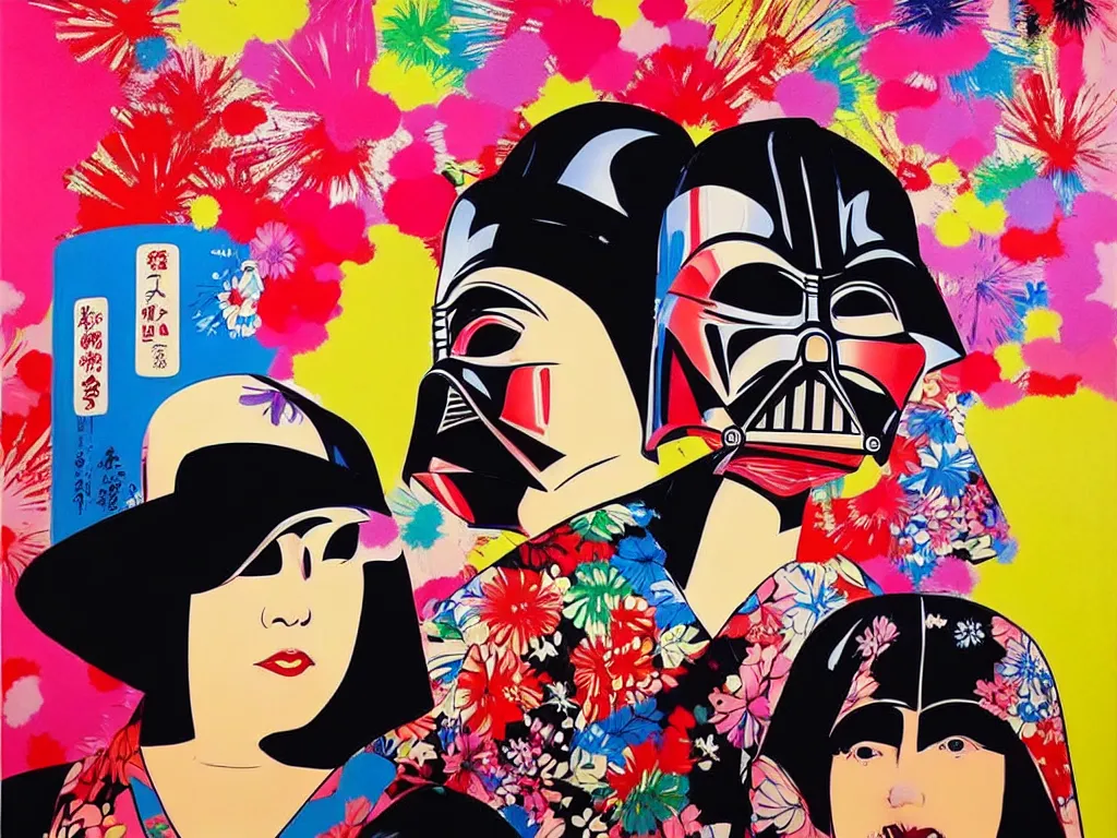 Image similar to hyperrealistic composition, in the middle the woman in a japanese kimono, behind her stands the darth vader, in front of her a table from the casino, in the background is mount fuji and fireworks, pop - art style, jacky tsai style, andy warhol style, acrylic on canvas