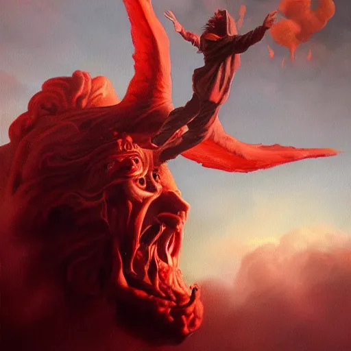 Image similar to realistic painting of a huge bloody satanic figure flying in the sky by michael whelan, ultra realistic, 8 k, streched and creepy painting. trending on, octane renderer, mesmerizing, aesthetic, beautiful