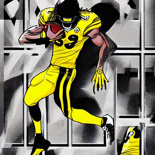 Image similar to detailed najee harris jumping over defender, steelers uniform, in the style of a marvel comic book, realistic, trending on artstation