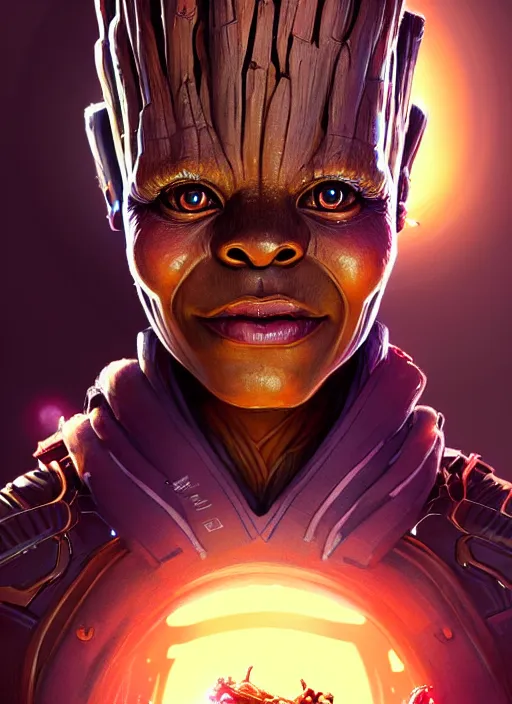 Image similar to portrait of apex legends groot, intricate, elegant, glowing lights, highly detailed, digital painting, artstation, glamor pose, concept art, smooth, sharp focus, illustration, art by artgerm and greg rutkowski, artey freytag