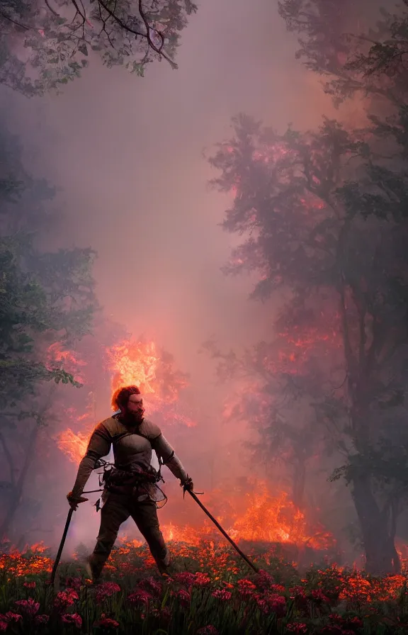 Image similar to a knight among flowers in dark forest surrounded by fire and smoke, moody, rim light, dynamic lighting, cinematic shot, gritty, ultra - detail, renderman, physically based render, greg olsen and liz lemon swindle