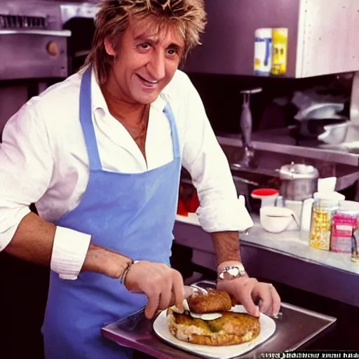 Image similar to rod steward is frying burgers, 1 9 8 0 s diner, dirty dishes, greasy food, impatient customers, rod stewart is wearing a stained apron, smiling at camera, white paper cap, he's sweating, photo