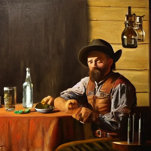 Image similar to modern oil painting portrait of cowboy at table with bottle in western saloon, 1890, masterpiece, realistic and detailed, artstation, interesting lightning