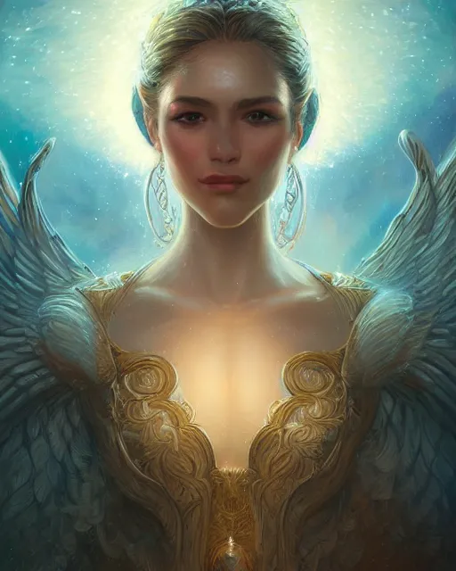 Prompt: close up portrait of a beautiful cosmic angel, fantasy, intricate, elegant, highly detailed, digital painting, artstation, concept art, smooth, sharp focus, illustration, by artgerm and greg rutkowski