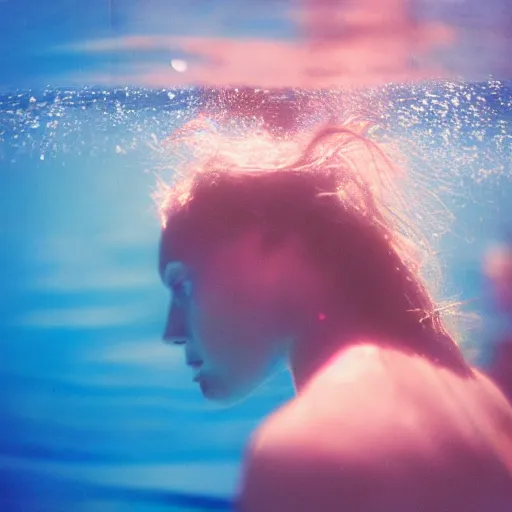 Image similar to colored photography, close-up from behind woman swimming in ocean at night, blue light, 35mm film,