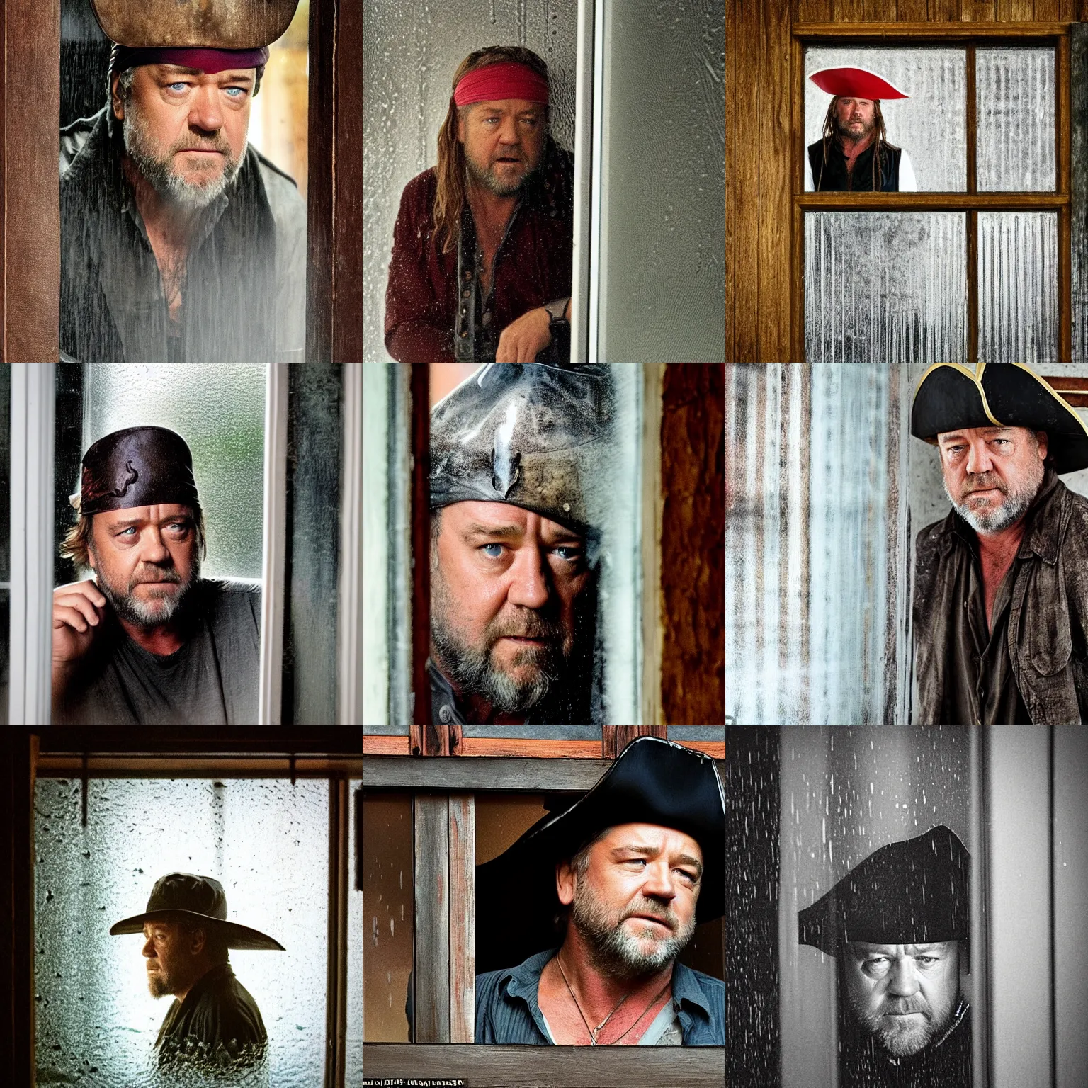 Prompt: obscured by small window, concerned russell crowe wearing a big pirate hat standing behind a rainy dirty window and wooden wall peering out towards the camera