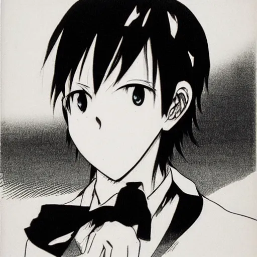 Prompt: black and white manga illustration of a boy with short dark hair and wearing a white shirt, illustrated by sadamoto