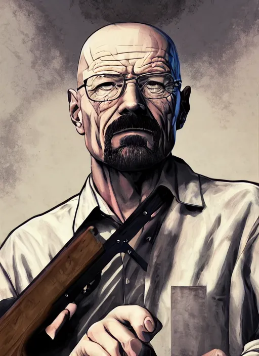 Image similar to a portrait of walter white holding a shotgun, digital painting masterpiece, advanced lighting technology, stylized yet realistic anatomy and face, gorgeous, by shigenori soejima and bastien vives and balak and michael sanlaville, 4 k wallpaper, cinematic, gorgeous brush strokes, coherent and smooth