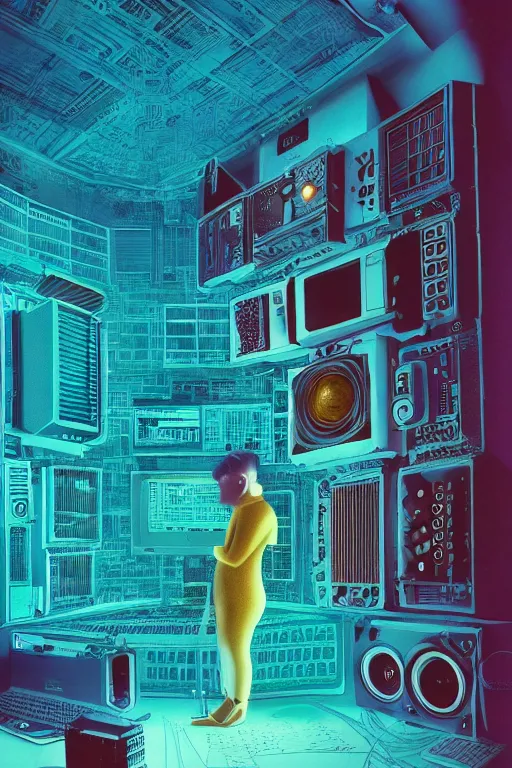 Image similar to Digital art, very highly detailed Haker that haking, siting inside the giant very highly detailed computer, by Beeple very highly Detailed by Guy Bourdin and Reka Nyari,on Pentax 67, Kodak Portra 400, soft Cyan Gold light, The Golden Ratio from the distance