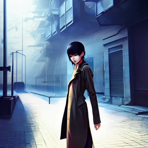 Image similar to realistic render of a cyborg girl wearing a long trench coat by ross draws, futuristic dystopian street by ilya kuvshinov, digital anime art by ross tran, composition by sana takeda, lighting by greg rutkowski