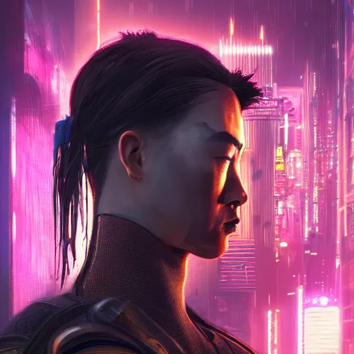 Prompt: cyberpunk samurai, with techware, subject centered in the frame, golden ratio, rule of thirds, volumetric lighting, prismatic neon accents, D&D, intricate, elegant, highly detailed, digital painting, japanese , altered carbon style, trending on artstation, unreal engine 5, octane render, redshift, concept art, art by Artgerm and Greg Rutkowski and Alphonse Mucha