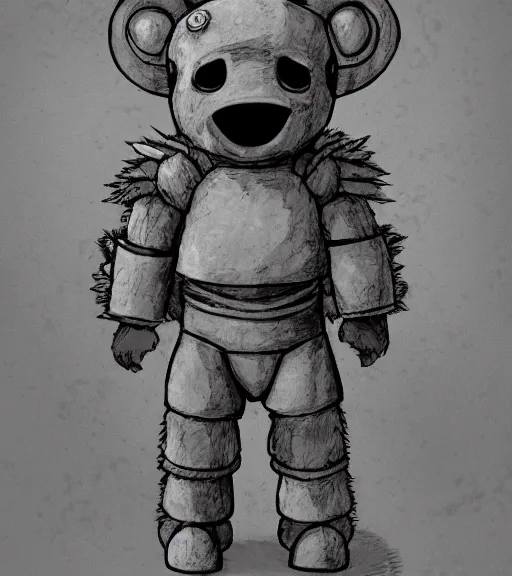 Image similar to beautiful little boy wearing an cyborg bear suit, artwork in kentaro miura and made in abyss, inspired in super bomberman, smooth, beautiful lightness, anatomically correct, trending on pixiv, forest