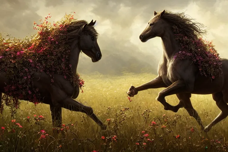 Prompt: a stunning horse with a mane of vines and flowers running through a meadow by greg rutkowski, high key lighting, volumetric light, digital art, highly detailed, fine detail, intricate, ornate, complex, octane render, unreal engine, photorealistic