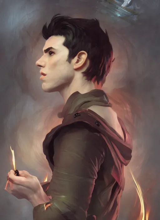 Image similar to character concept portrait of an attractive young angry Spanish wizard with pale red skin enchanting a flaming spell, a floating iridescent spell book in the center, intricate, elegant, digital painting, concept art, smooth, sharp focus, illustration, from Metal Gear, by Ruan Jia and Mandy Jurgens and William-Adolphe Bouguereau, Artgerm