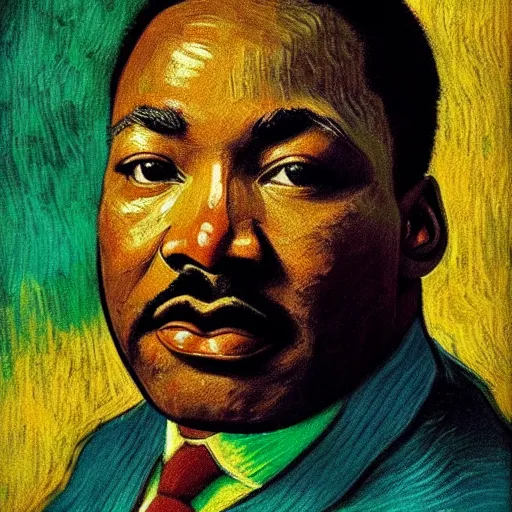 Prompt: an artistic portrait of martin luther king, high quality, studio photography, colorful, hero, heroic, beautiful, in the style of vincent van gogh