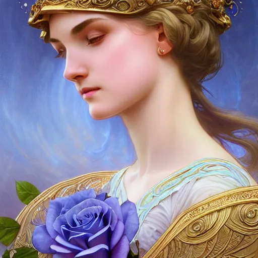 Image similar to perfectly detailed goddess princess of blue roses!! blessed by nature with ever - increasing physical mental perfection, intricate, highly detailed, biblical divine holy perfection!! digital painting, artstation, concept art, smooth, sharp focus, illustration, art by artgerm and greg rutkowski and alphonse mucha