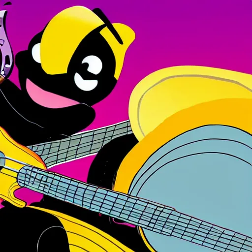 Prompt: bumblebee on stage with a guitar in the style of archies cartoon