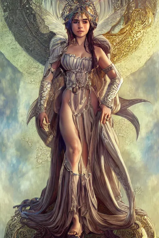 Prompt: Emilia Clarke wearing Palutena Outfit, cute, fantasy, intricate, elegant, highly detailed, digital painting, 4k, HDR, concept art, smooth, sharp focus, illustration, art by artgerm and H R Giger and alphonse mucha