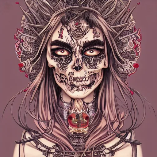 Image similar to anime manga skull portrait young woman, devil, fire, skeleton, intricate, elegant, steve mccurry, highly detailed, digital art, ffffound, art by JC Leyendecker and sachin teng