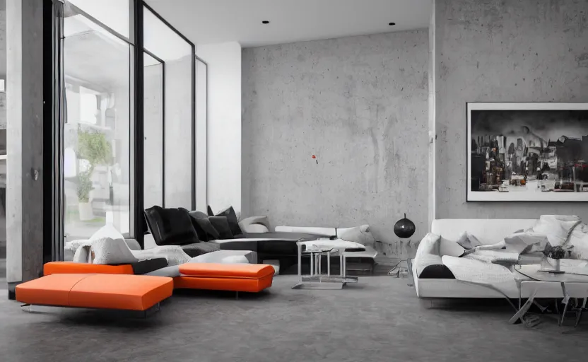 Image similar to a concrete room with a wooden table and a leather sofa and paintings on the wall, high quality, 8 k, architecture, symmetrical, harmonious, black white and orange colours, calm, high coherence, natural lighting, path traced, highly detailed, hyperrealistic, concept art, octane render, unreal engine 5, trending on artstation, beautiful, elegant