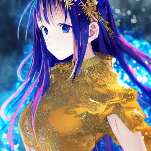 Image similar to a teenage anime girl wearing a very high intricate detailed dress made out of blue fire , full body, very long black/red hair, one yellow and one blue eye, intense stare, cinematic lighting, medium shot, MCU, trending on artstation, CSP, Photoshop, WLOP, Rossdraws, James Jean, Andrei Riabovitchev, Marc Simonetti, Anastasia Ovchinnikova, and Sakimichan